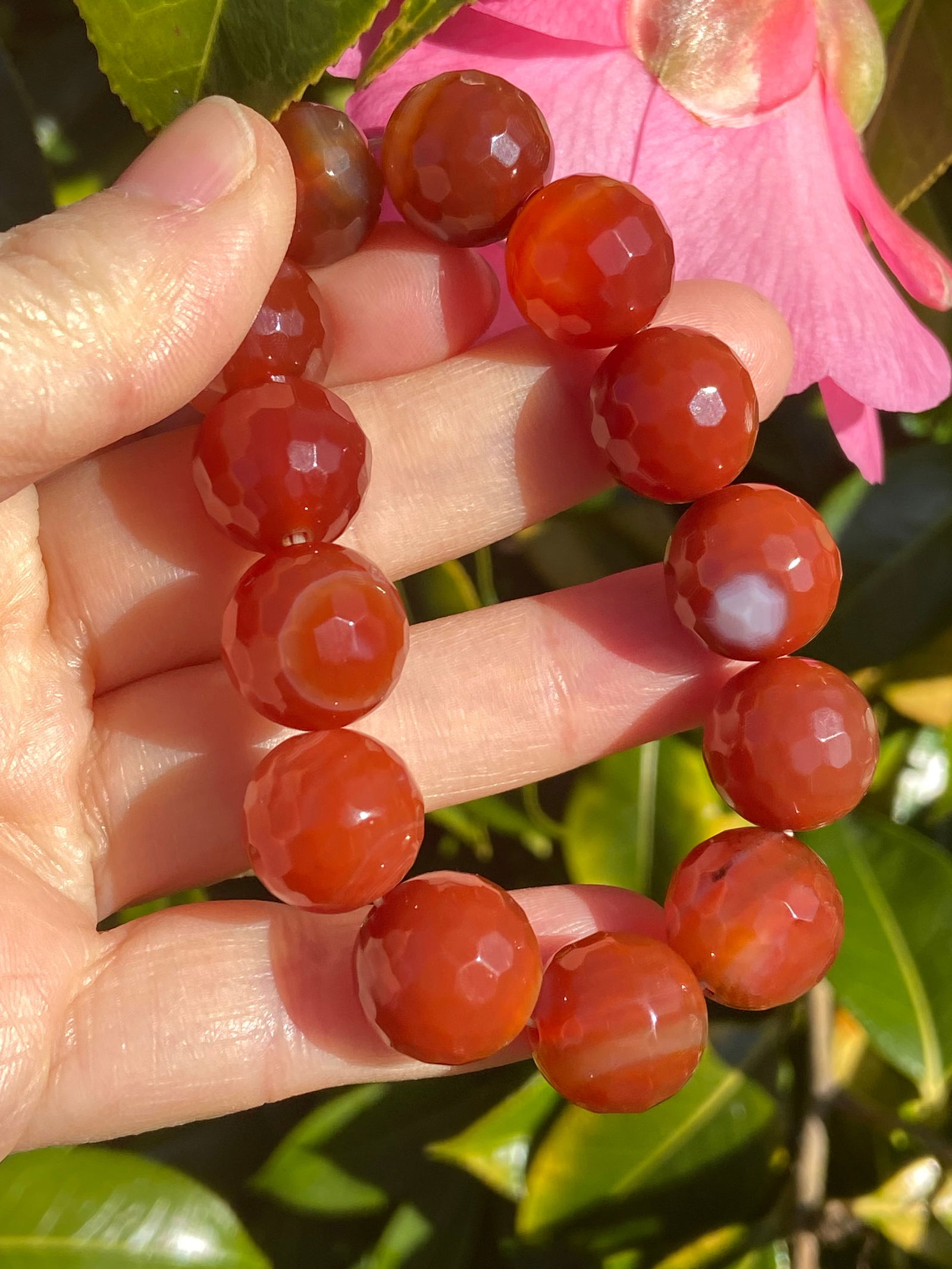 14mm Faceted Natural Carnelian Bead Bracelet - 7