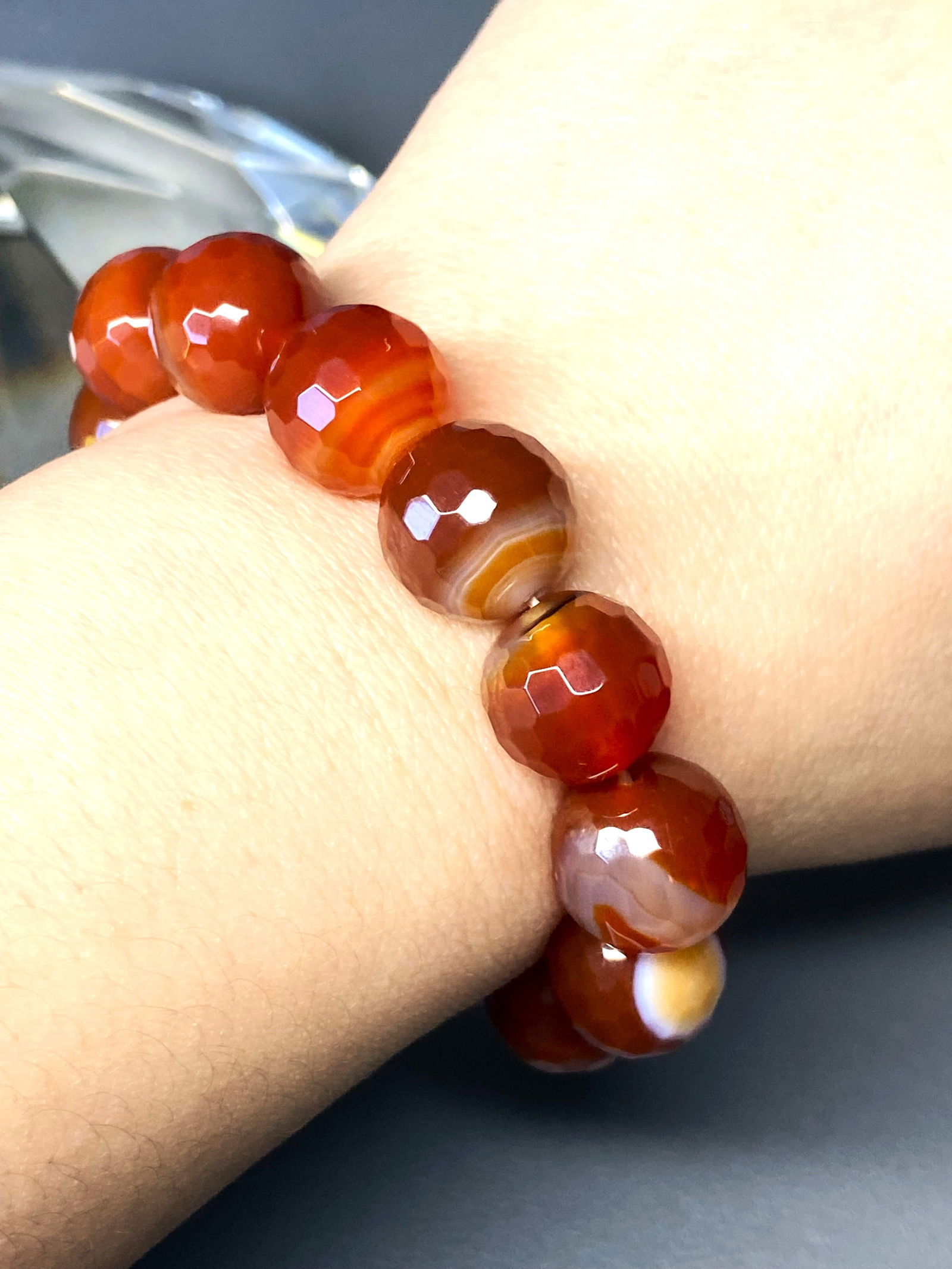 14mm Faceted Natural Carnelian Bead Bracelet - 9