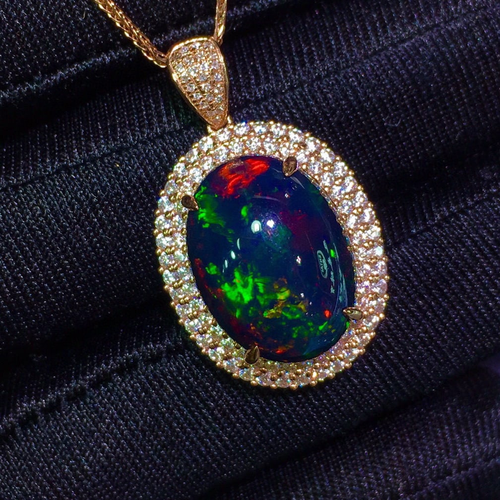 14K GOLD 8.1 CT NATURAL OPAL & DIAMOND PENDANT - 5