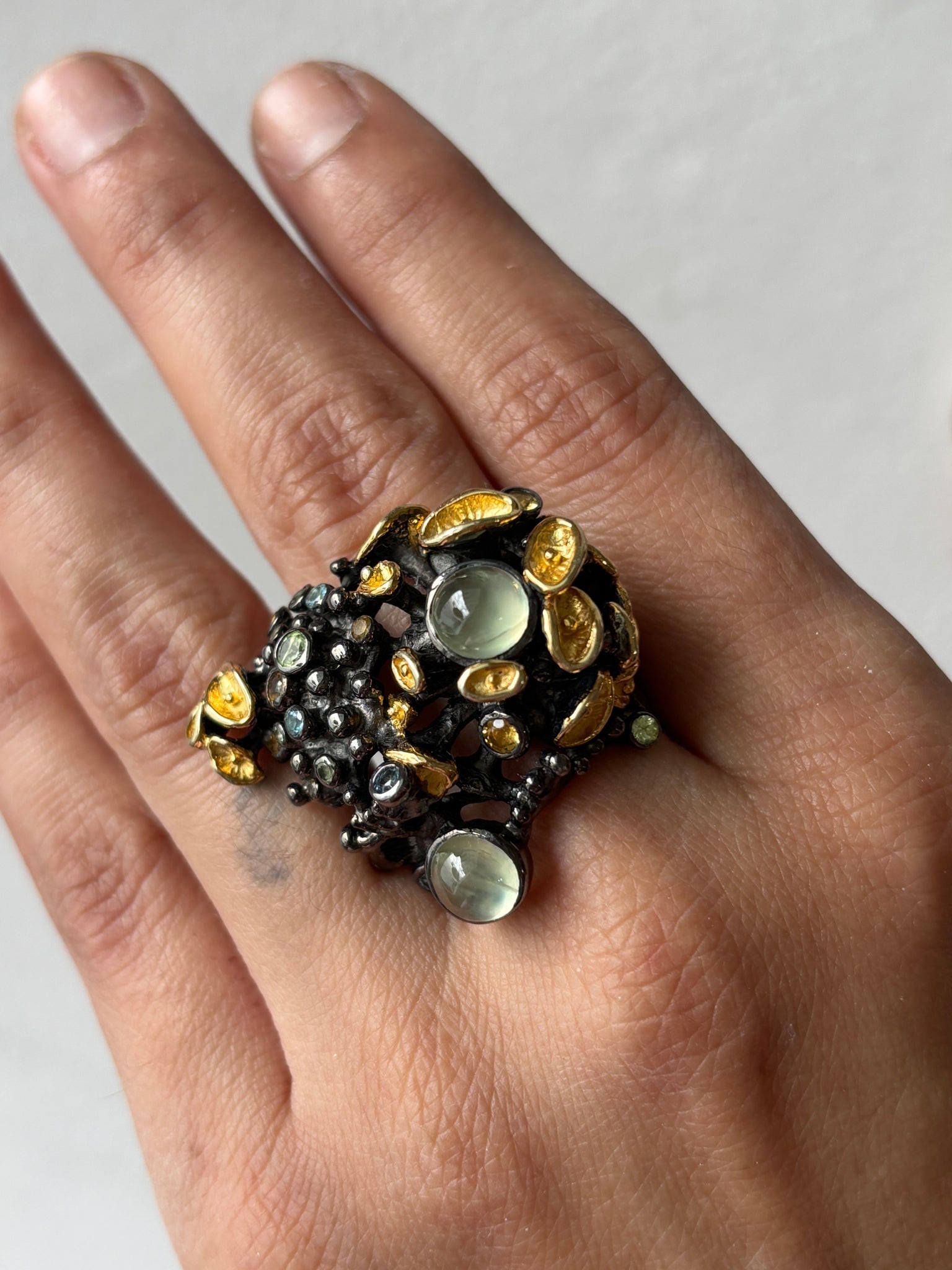 Underwater Garden Ring: Title:Underwater Garden Ring Description:Love this interesting ring to wear to a boring event. I can study my “garden” while the Big Wind talks. Made of Oxidized Sterling Silver, and the G