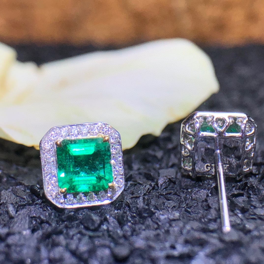 14K GOLD 1.20 CT NATURAL EMERALD & DIAMOND EARRINGS - 5