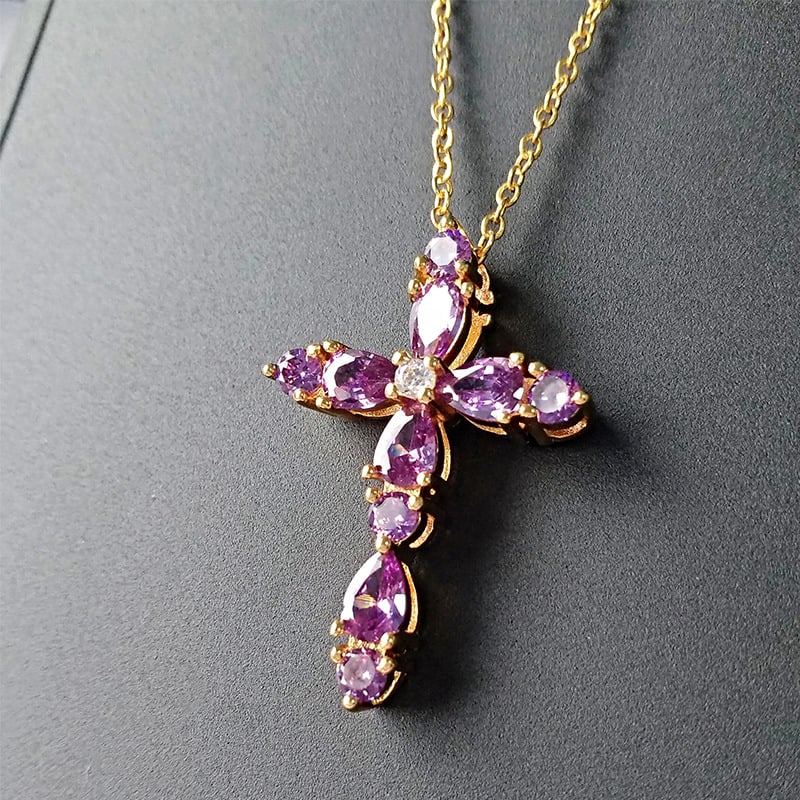 18K Gold Plated Amethyst Cross Pendant Necklace Moissanite Center - 4