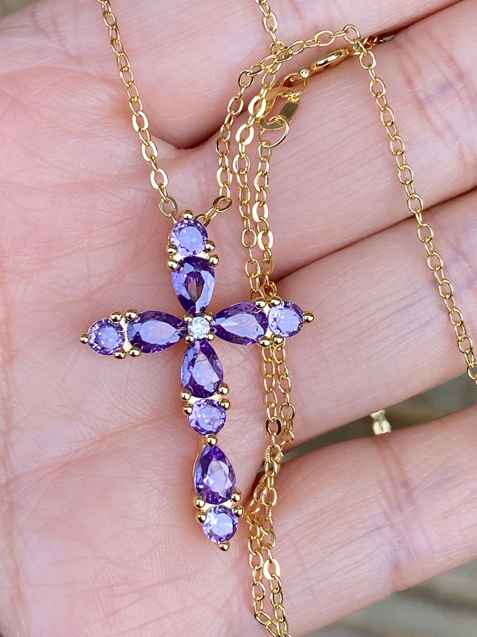 18K Gold Plated Amethyst Cross Pendant Necklace Moissanite Center - 7