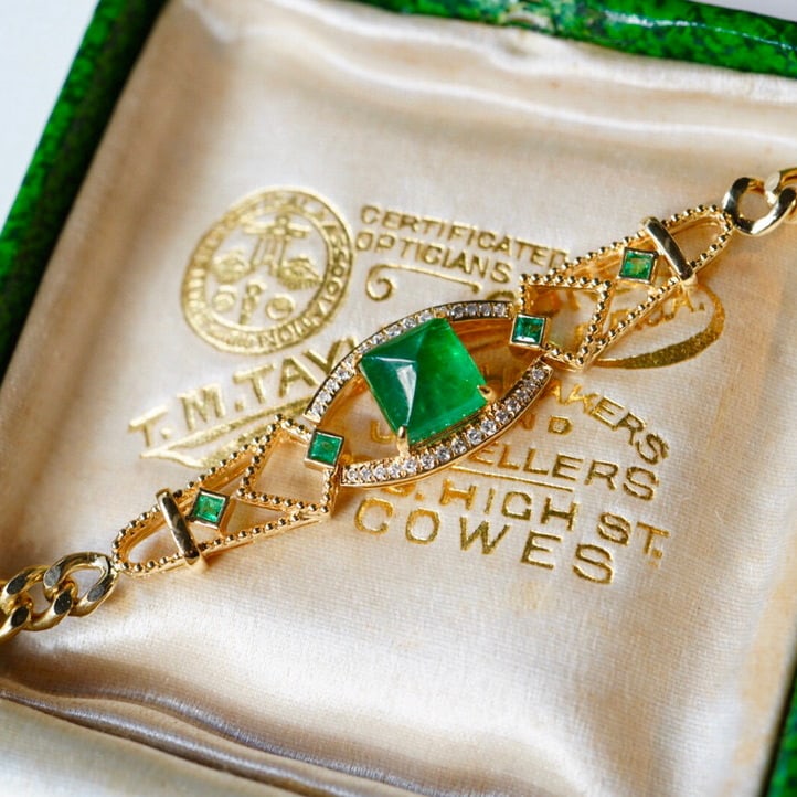 14K GOLD 2 CT VIVID GREEN NATURAL EMERALD & DIAMOND BRACELET - 2