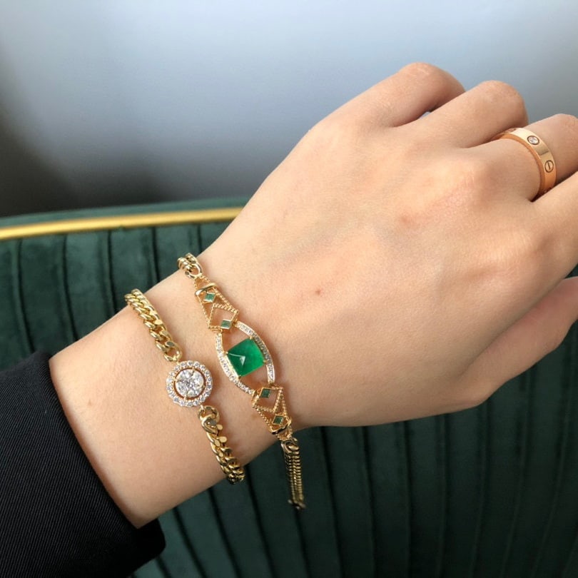 14K GOLD 2 CT VIVID GREEN NATURAL EMERALD & DIAMOND BRACELET - 5