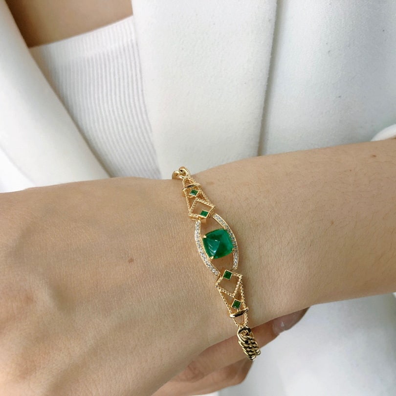 14K GOLD 2 CT VIVID GREEN NATURAL EMERALD & DIAMOND BRACELET - 6