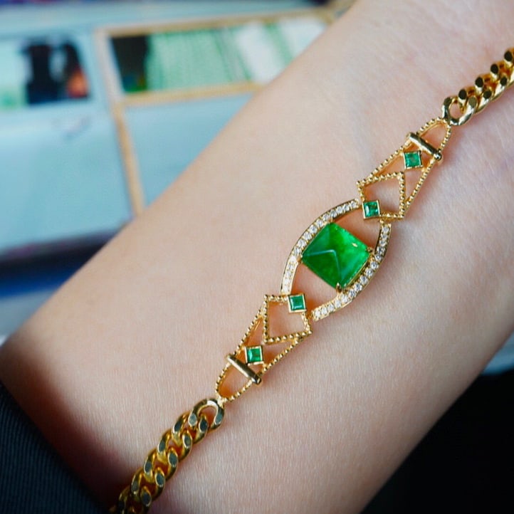 14K GOLD 2 CT VIVID GREEN NATURAL EMERALD & DIAMOND BRACELET - 7