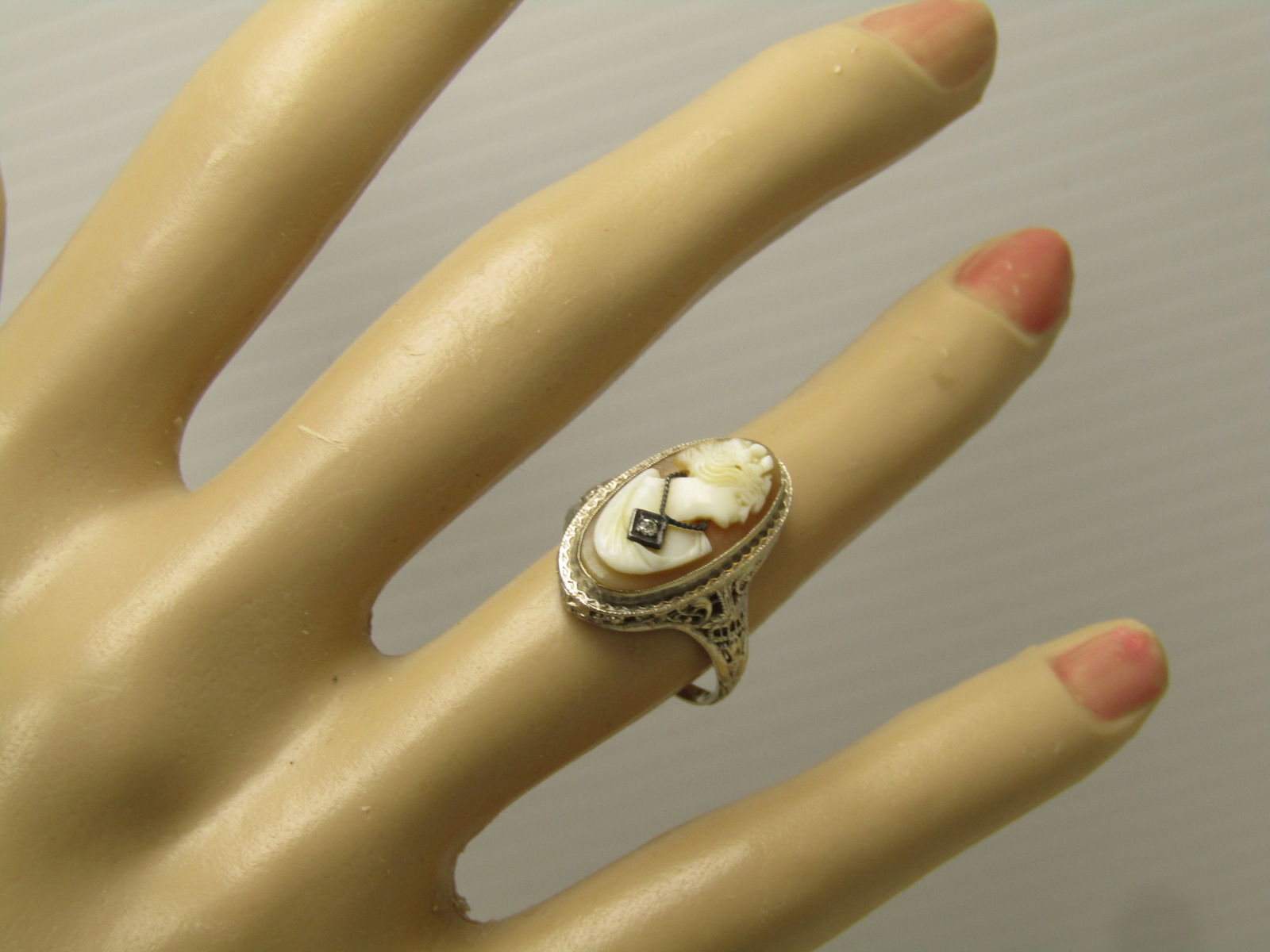 Vintage 14kt Cameo Diamond Ring, Sz. 6.75, Early 1900's - 6