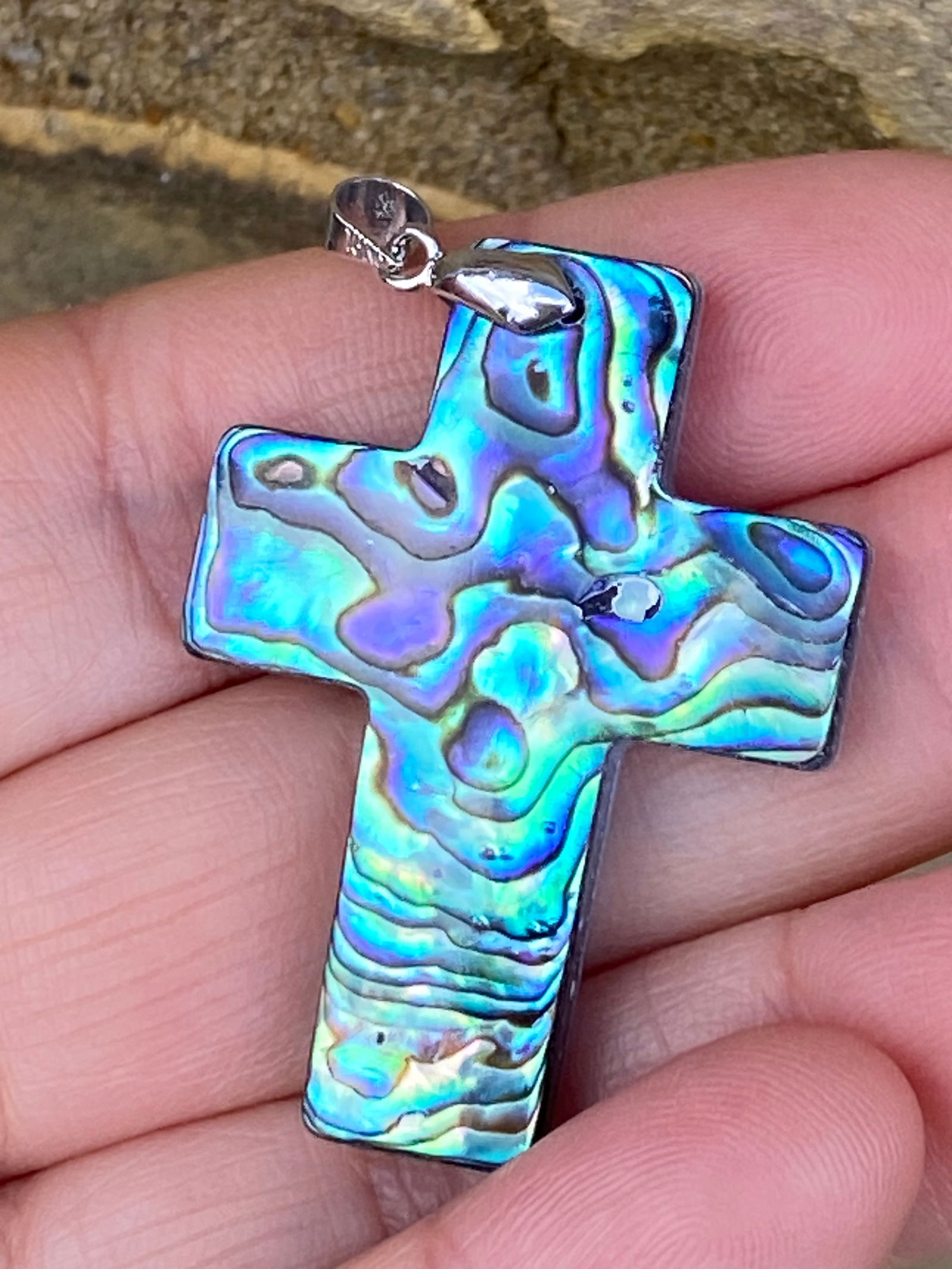 Carved Rainbow Natural Abalone Shell Cross Religion Pendant - 2