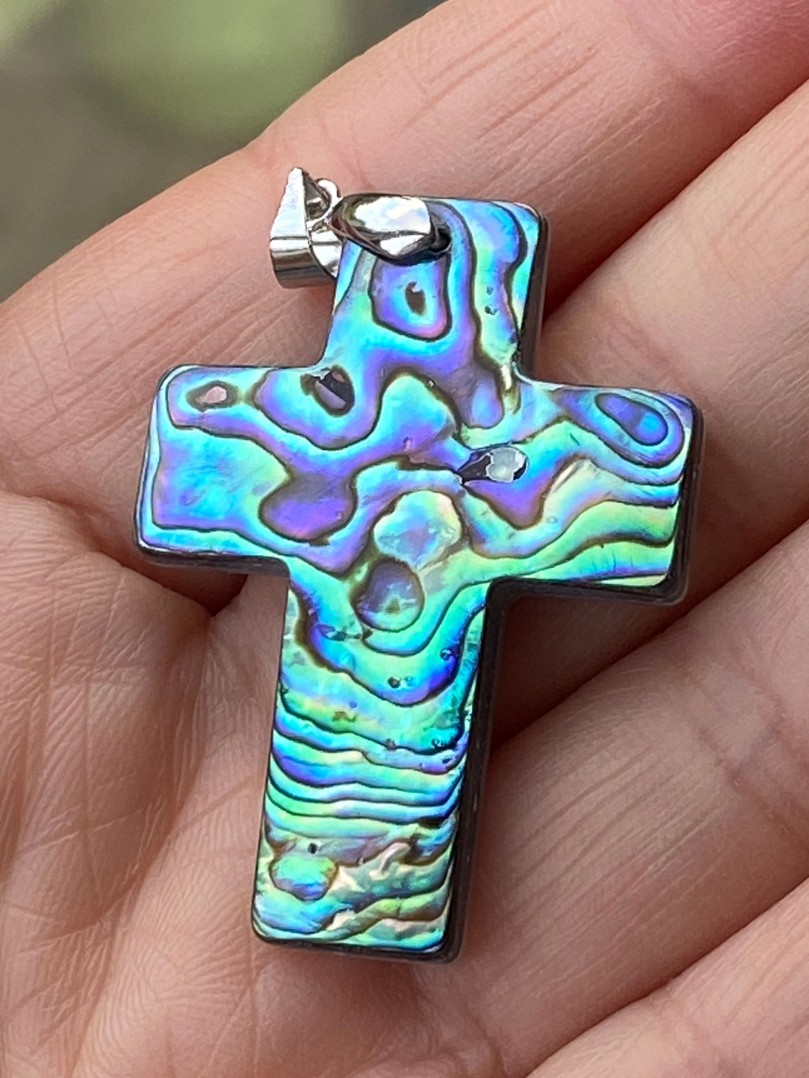 Carved Rainbow Natural Abalone Shell Cross Religion Pendant - 4