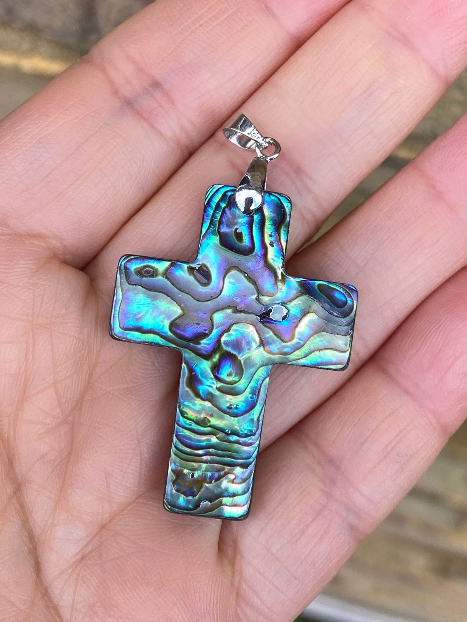 Carved Rainbow Natural Abalone Shell Cross Religion Pendant - 5