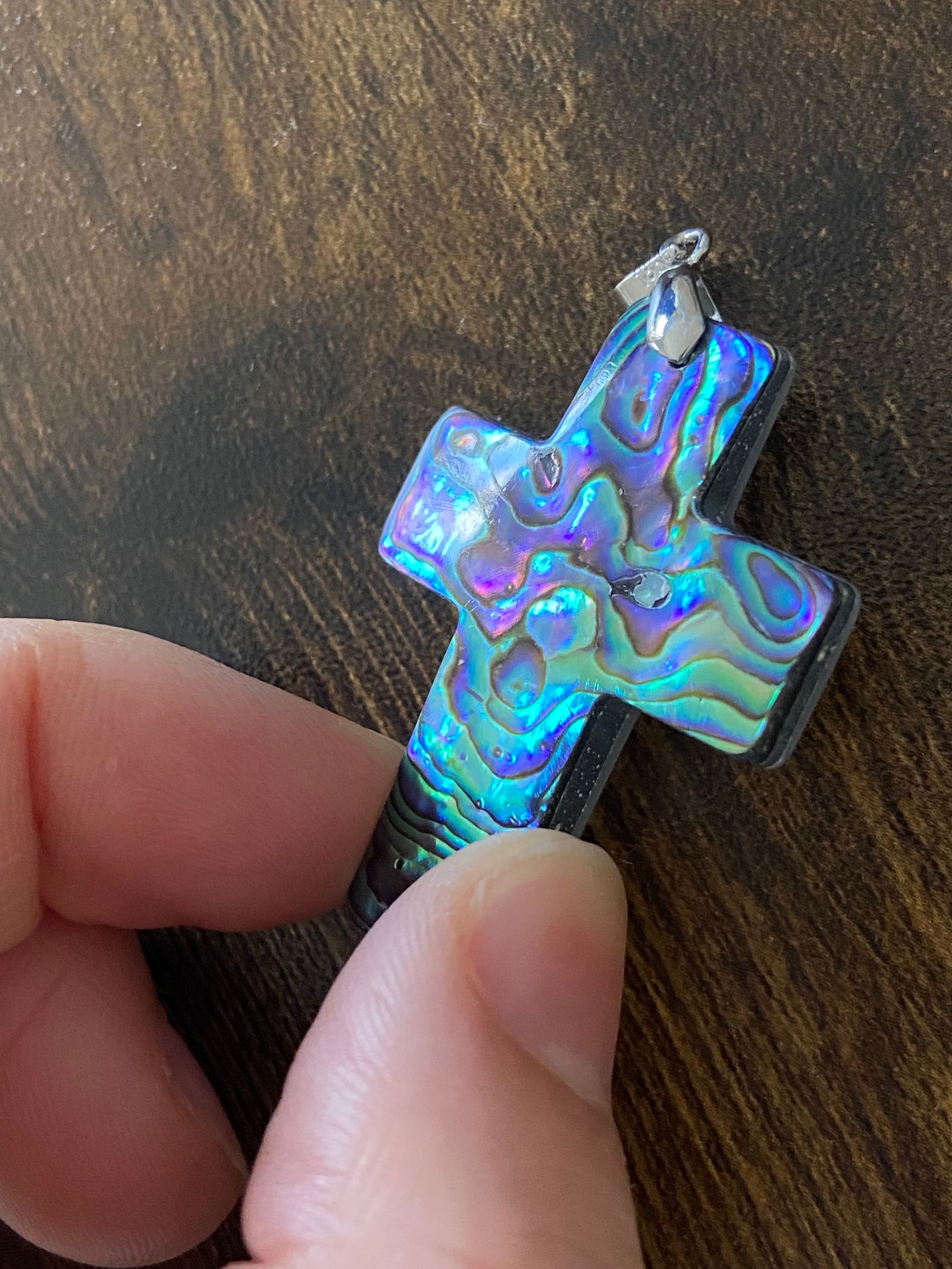 Carved Rainbow Natural Abalone Shell Cross Religion Pendant - 7