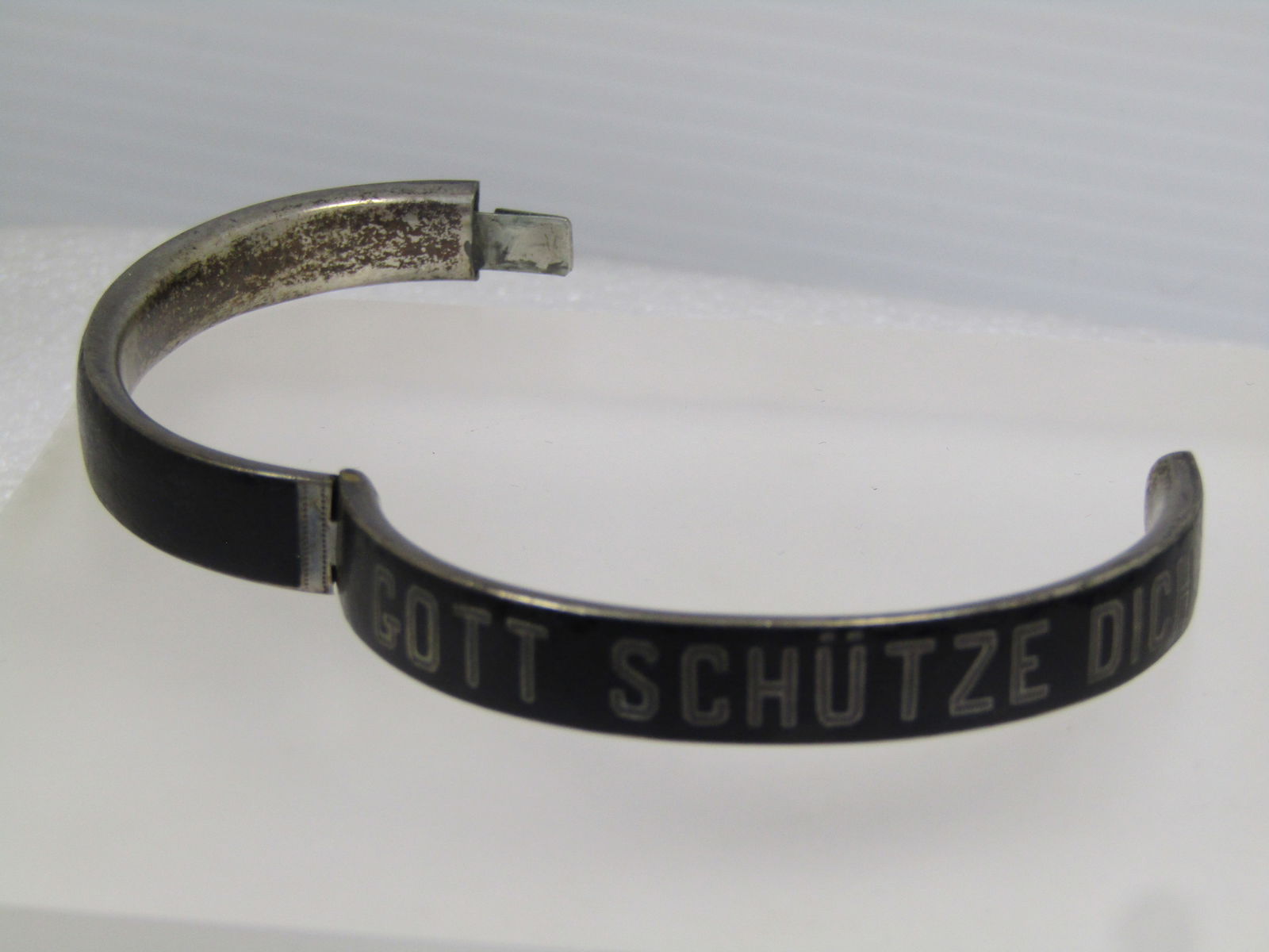 Vintage .800 Silver Enameled German/Austrian Gott Schutze Dich Hinged Bangle Bracelet, 6.25", - 3