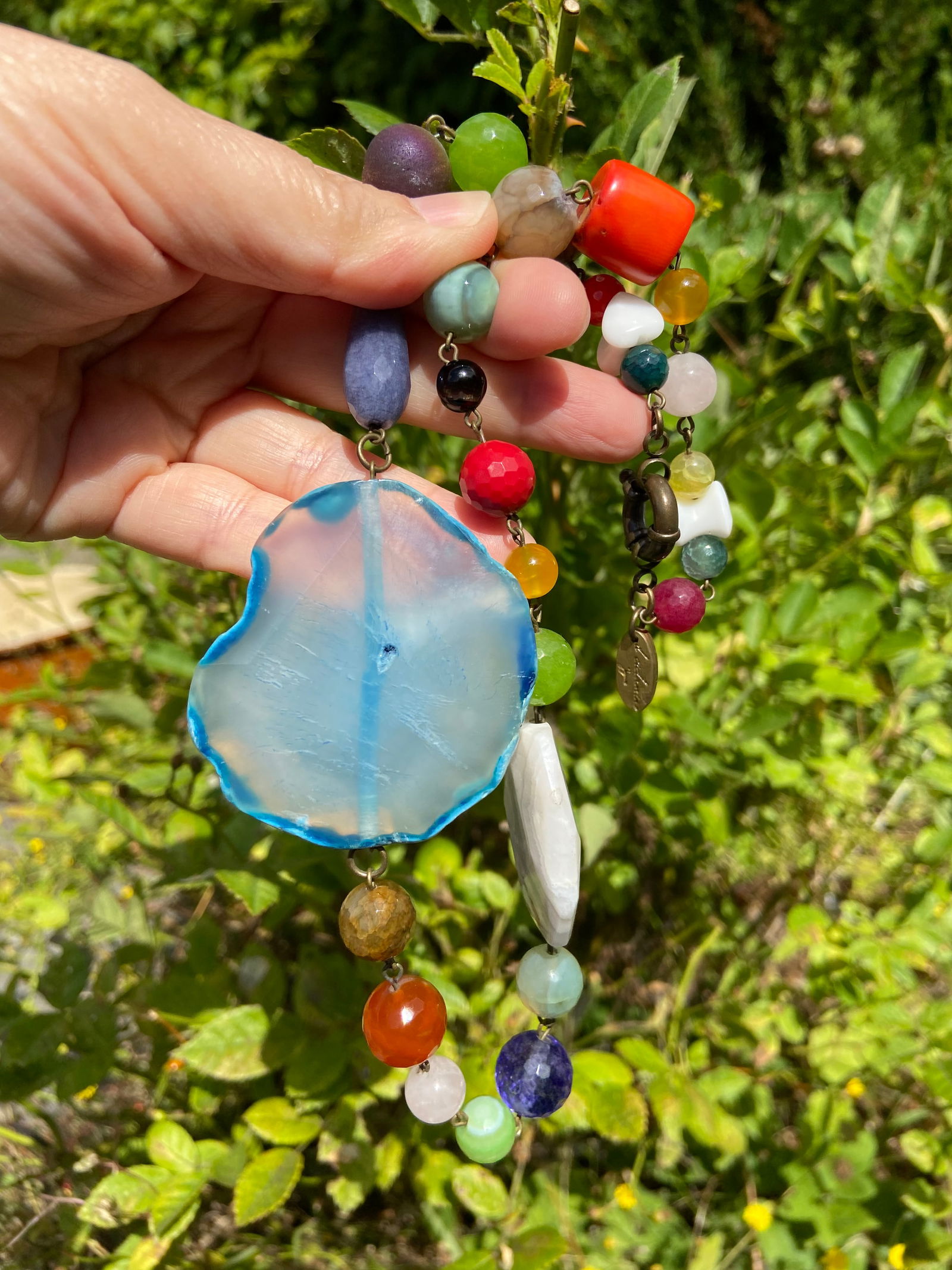 Vintage Chunky Multi-Gemstone Necklace with Large Agate Pendant - 4