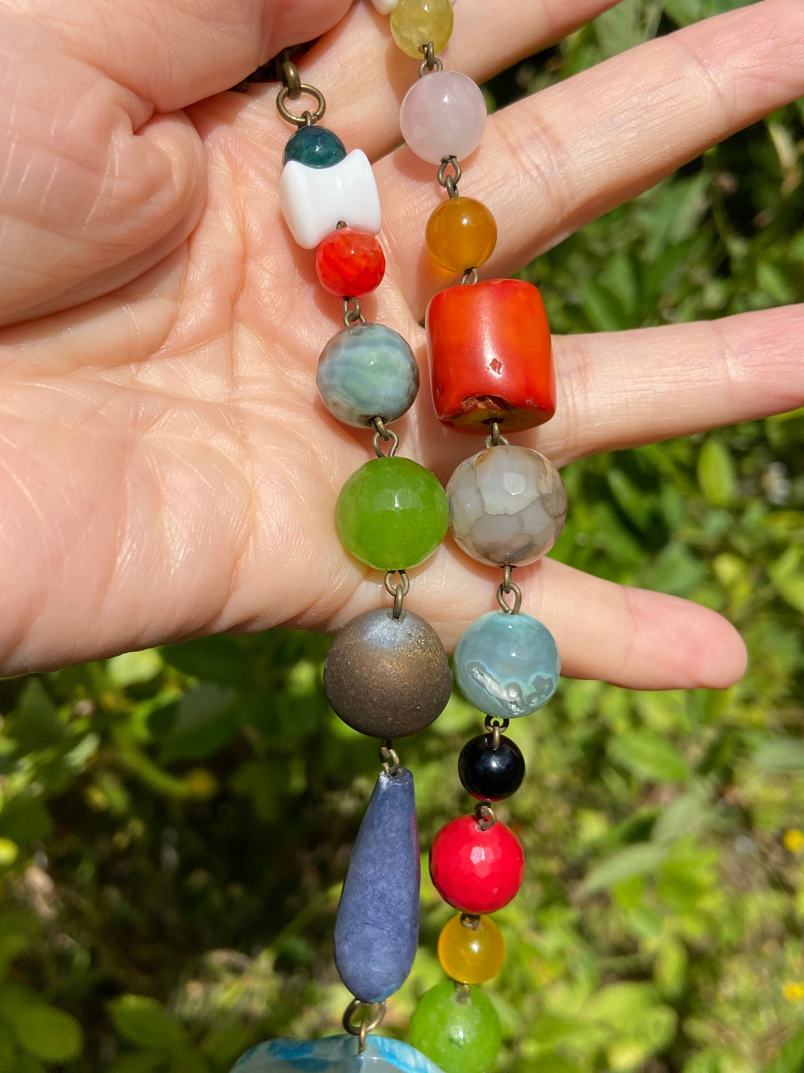 Vintage Chunky Multi-Gemstone Necklace with Large Agate Pendant - 5