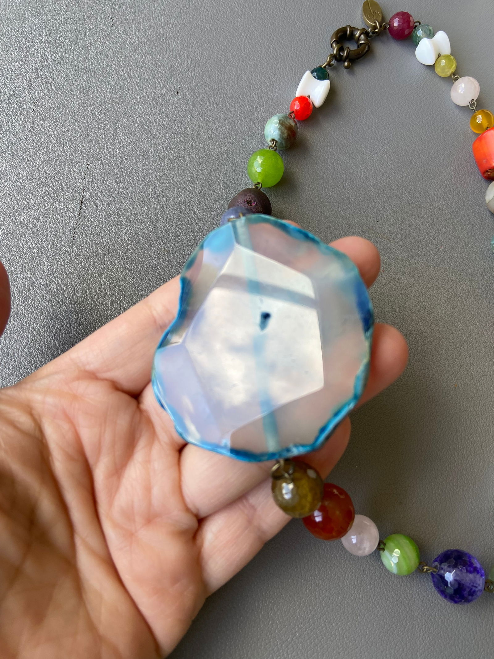 Vintage Chunky Multi-Gemstone Necklace with Large Agate Pendant - 9