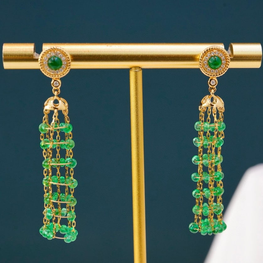 14K GOLD 4 CT VIVID GREEN NATURAL EMERALD & DIAMOND EARRINGS (1 of 7)