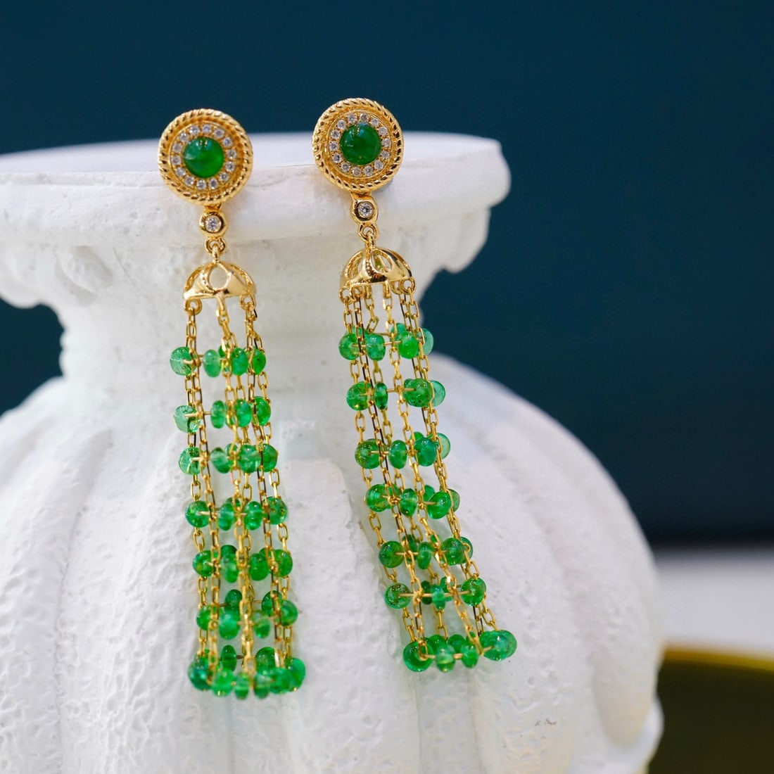 14K GOLD 4 CT VIVID GREEN NATURAL EMERALD & DIAMOND EARRINGS - 3