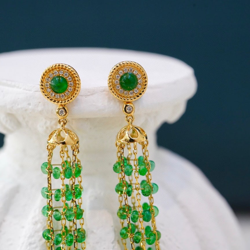 14K GOLD 4 CT VIVID GREEN NATURAL EMERALD & DIAMOND EARRINGS - 4