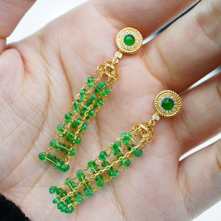 14K GOLD 4 CT VIVID GREEN NATURAL EMERALD & DIAMOND EARRINGS - 5