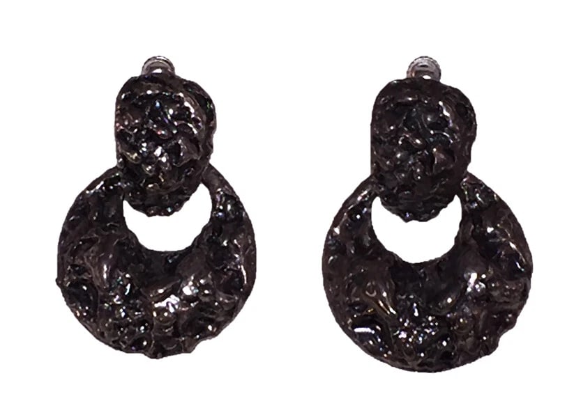 Napier Brutalist Inspired Hoop Dangle Earrings: Title:Napier Brutalist Inspired Hoop Dangle EarringsDescription:Napier Brutalist Inspired Hoop Dangle Earrings, silver plated over costume metal. Circa 1970's. Earrings measure 2" long by 1 1/4"
