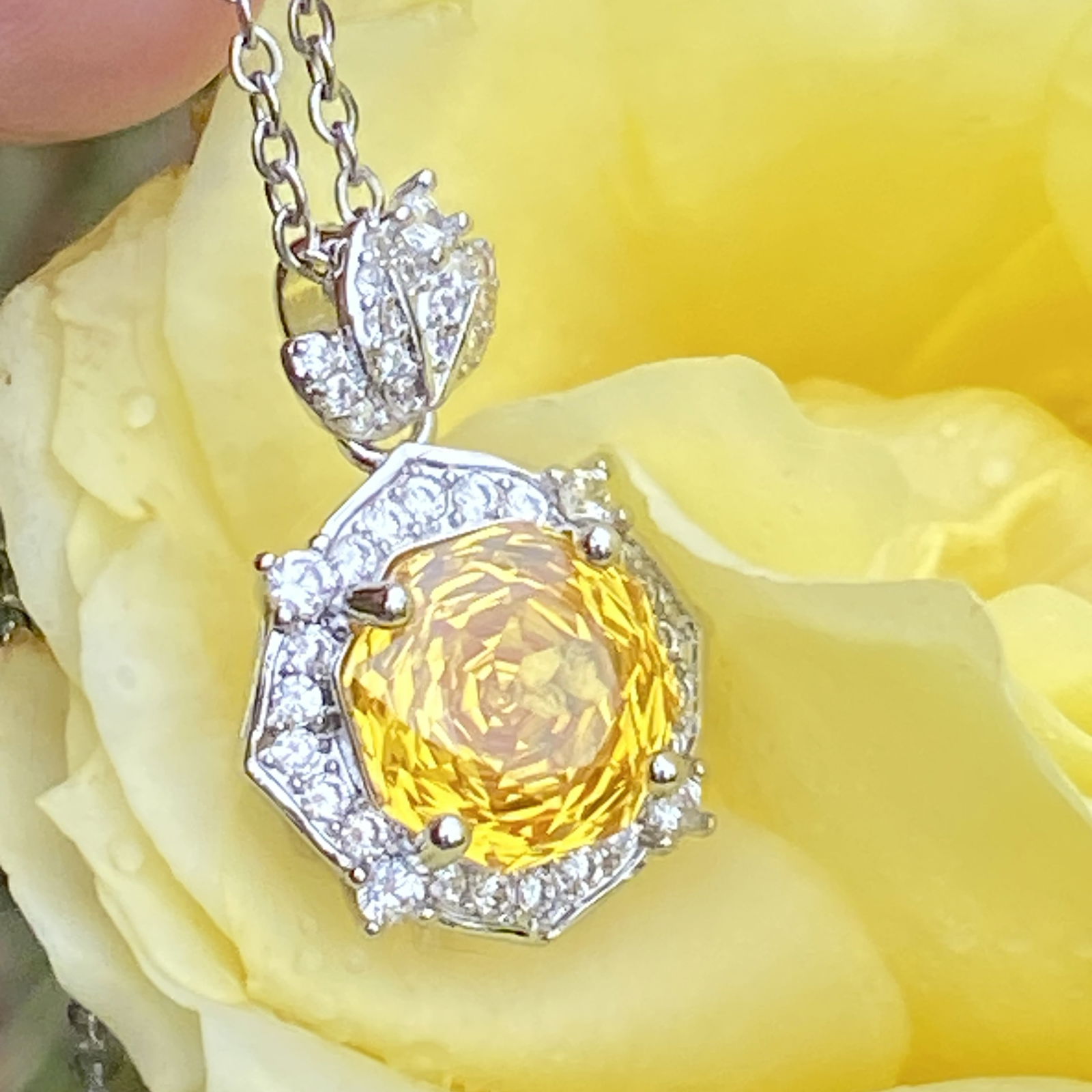 18K White Gold Plated Radiant-Cut Yellow Sapphire and Moissanite Halo Pendant Necklace - 2