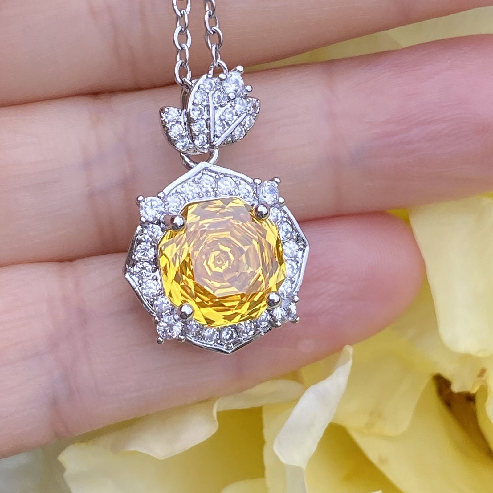 18K White Gold Plated Radiant-Cut Yellow Sapphire and Moissanite Halo Pendant Necklace - 9