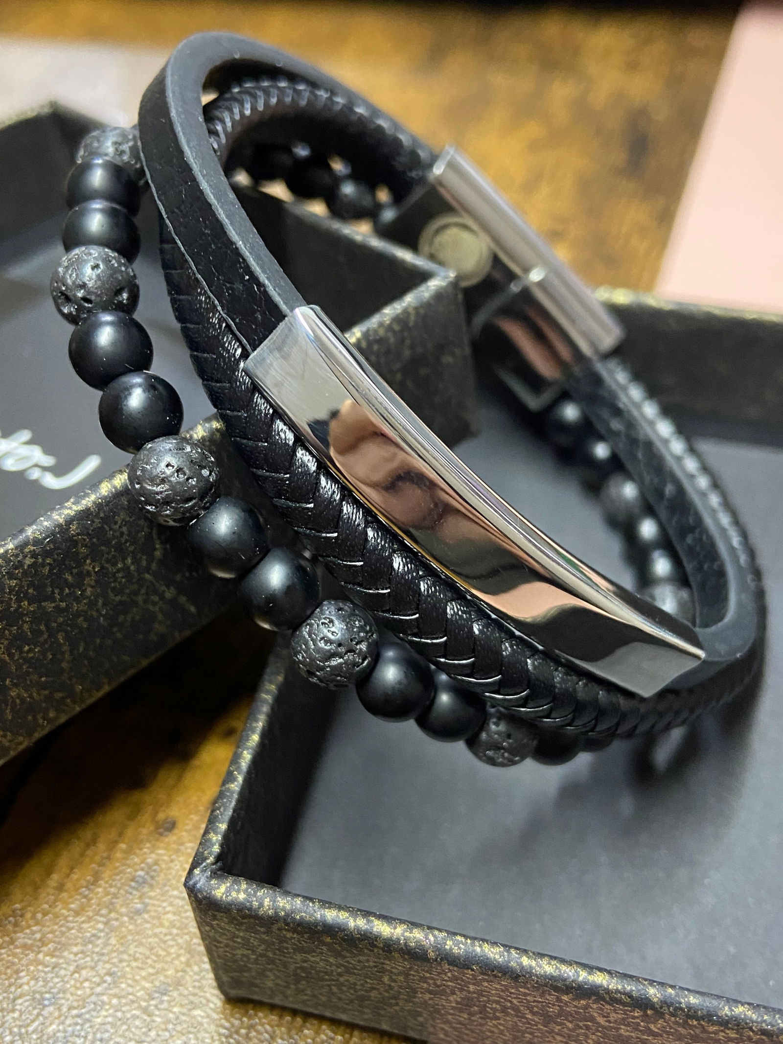 Handmade lava beads and leather braided bracelet - 3