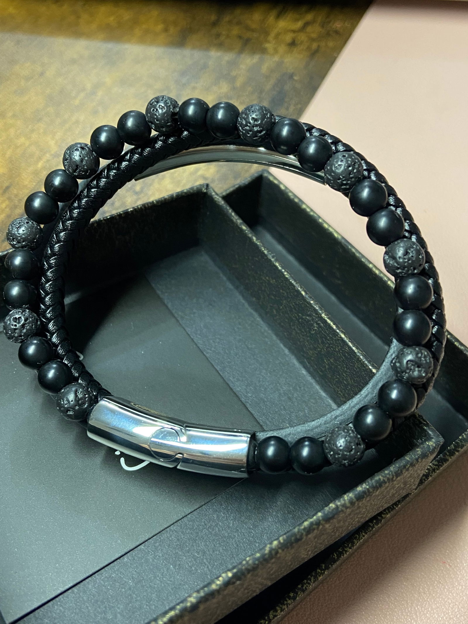 Handmade lava beads and leather braided bracelet - 4