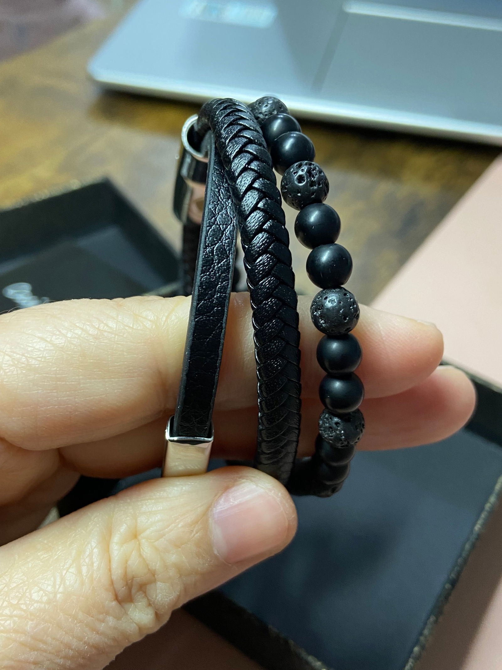Handmade lava beads and leather braided bracelet - 6