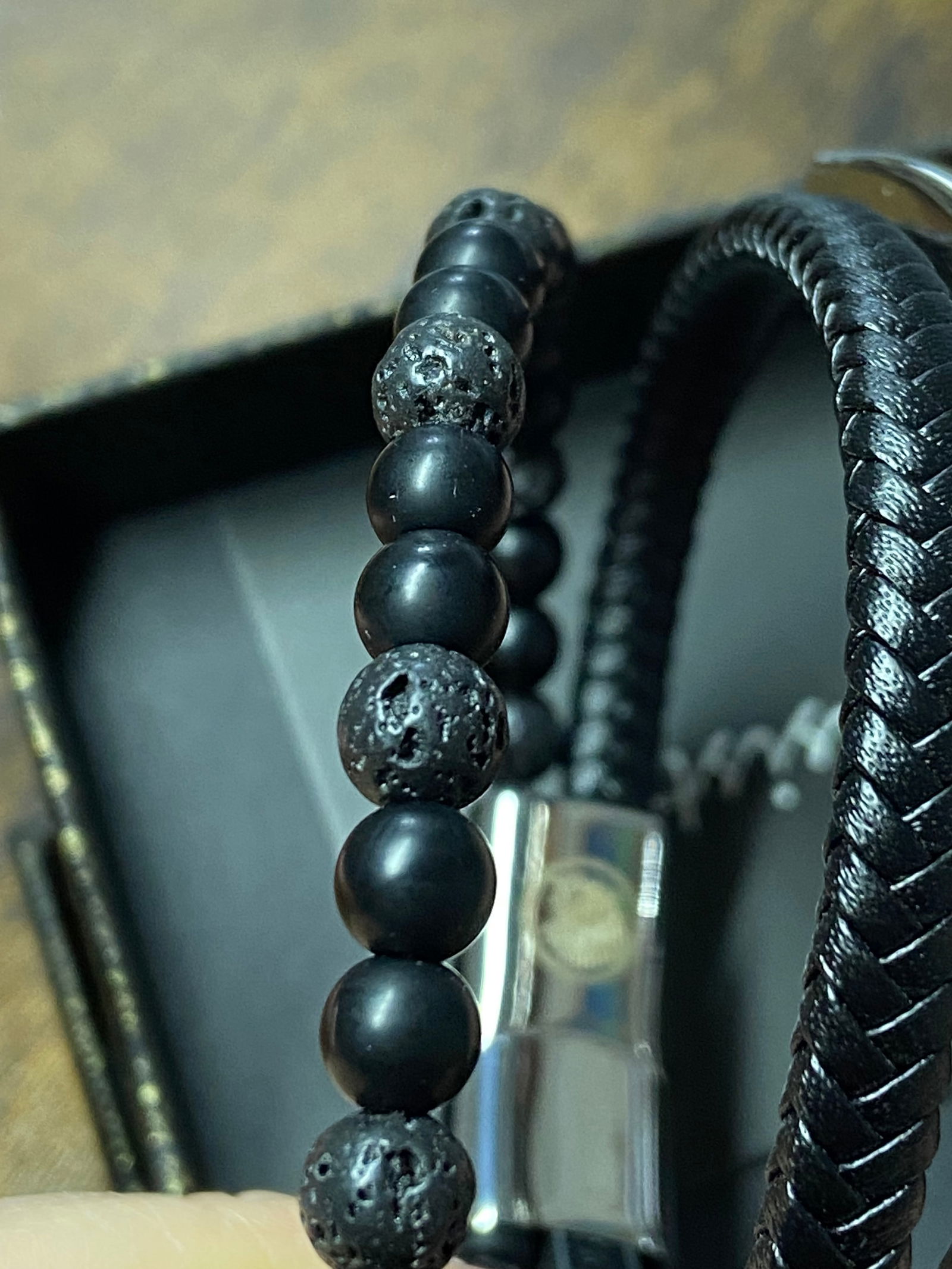 Handmade lava beads and leather braided bracelet - 7