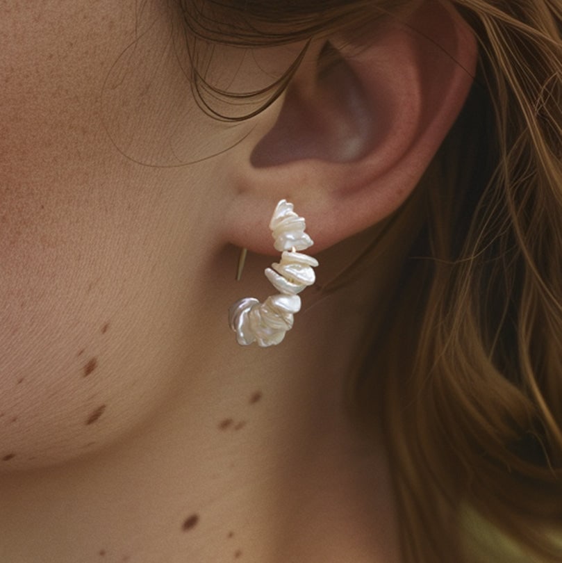 Petal Pearl Half Moon Earring 14K Gold Hook - 8