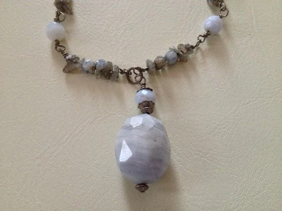 Handmade Sterling Silver Rainbow Moonstone Chips, Blue Lace Agate Bead Necklace: Title:Handmade Sterling Silver Rainbow Moonstone Chips, Blue Lace Agate Bead NecklaceDescription:Lovely handmade necklace made up of sterling silver, moonstone rainbow chips and blue lace agate.