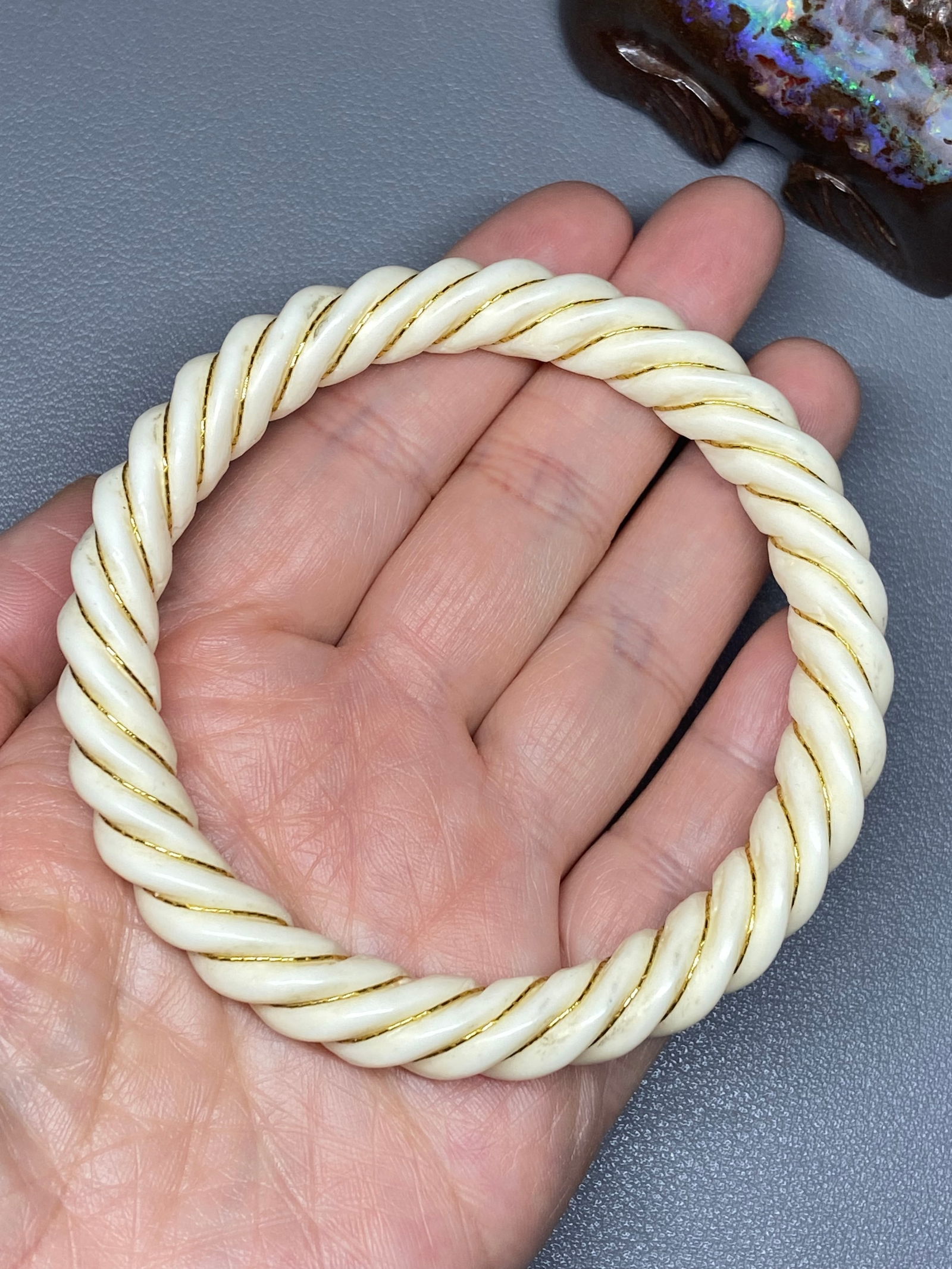 Vintage 14ct Gold Carved Bone Rope Bangle Twisted Spiral Bangle - 11