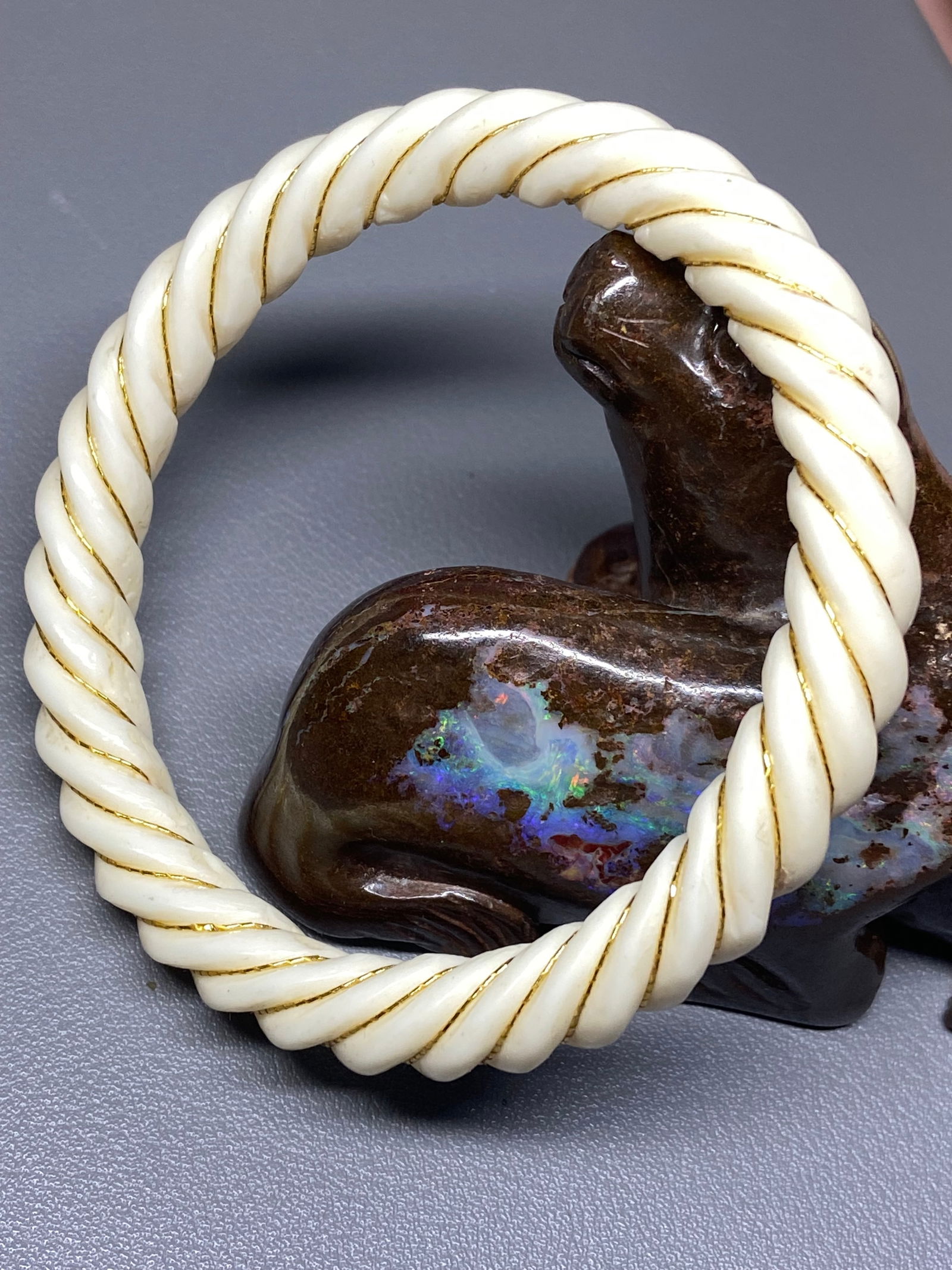 Vintage 14ct Gold Carved Bone Rope Bangle Twisted Spiral Bangle - 2