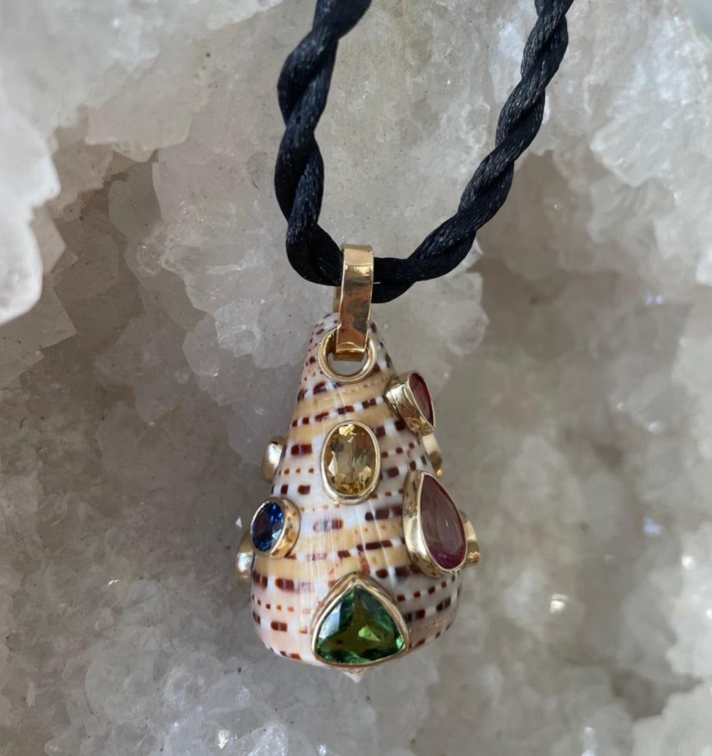Conus Shell Pendant With Mixed Gemstones - 2
