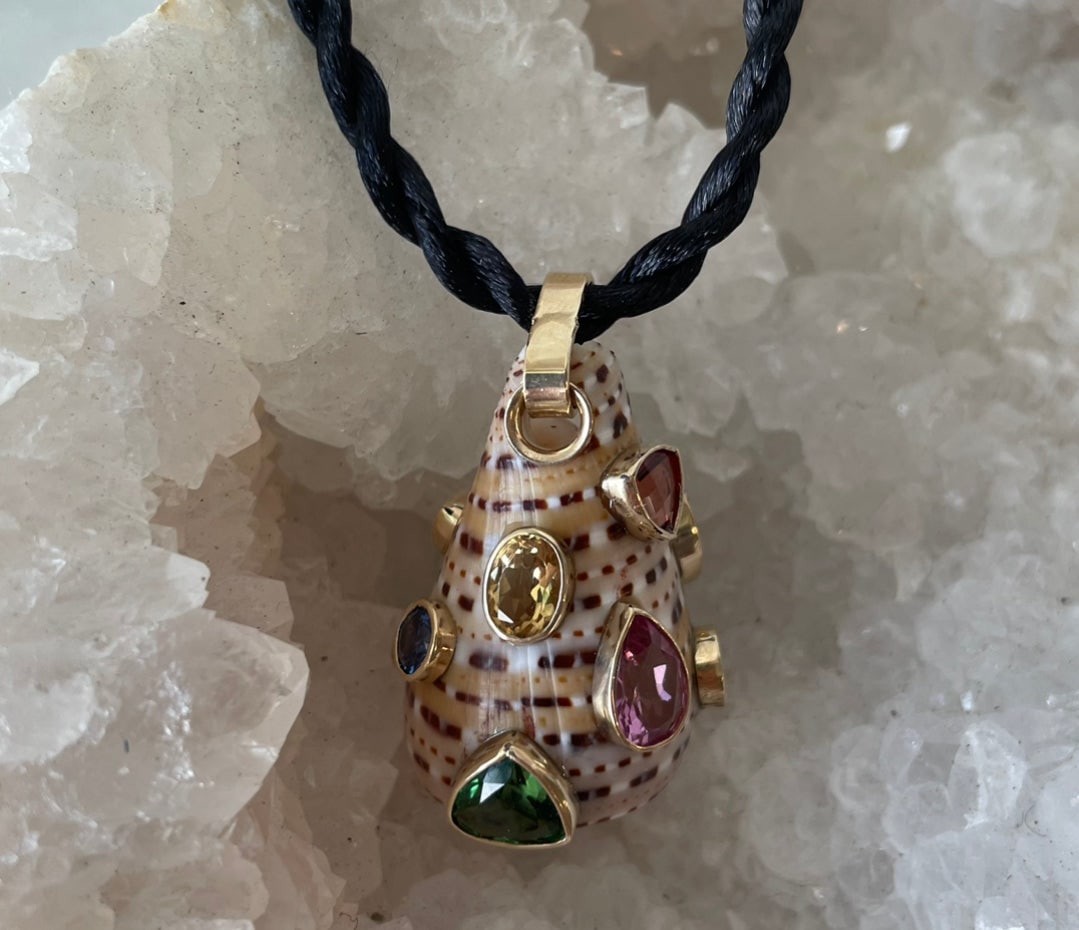 Conus Shell Pendant With Mixed Gemstones - 3
