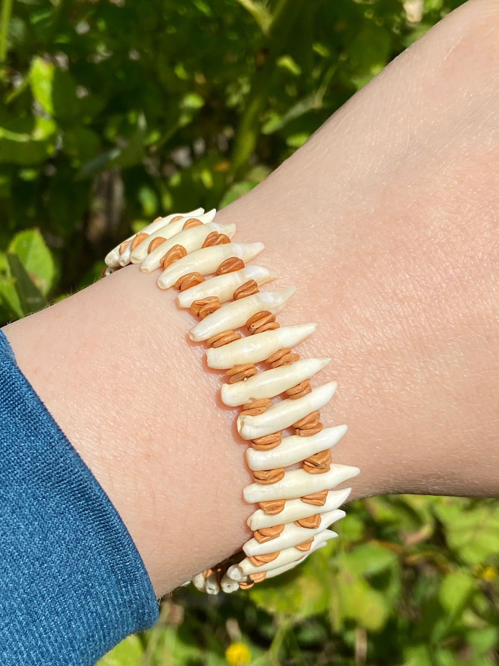 Vintage Tribal Necklace & Bracelet Set with Natural Animal Teeth - 14