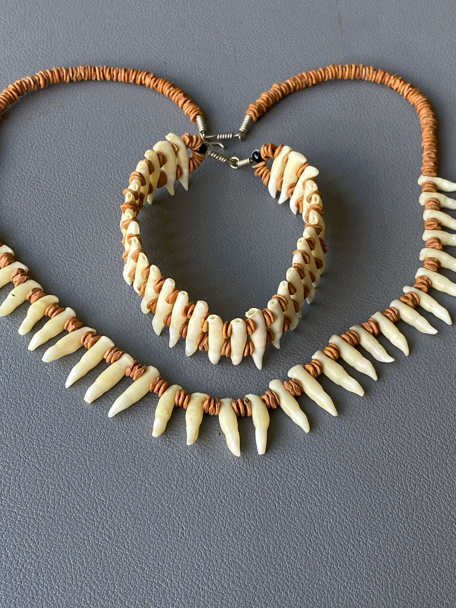 Vintage Tribal Necklace & Bracelet Set with Natural Animal Teeth - 3
