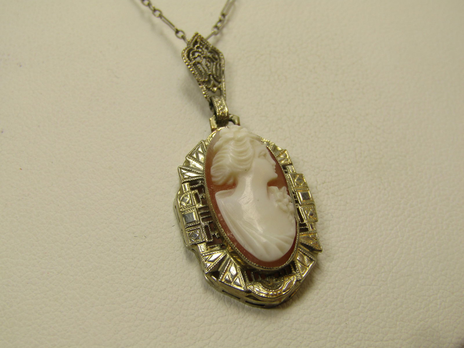 Antique 14kt Cameo Necklace, 15.5", White Gold, Very Early 1900's - 3