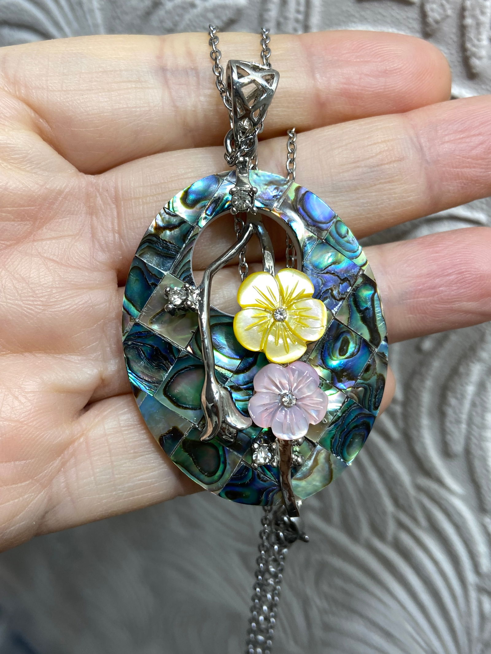 Vintage Art Nouveau Mother of Pearl flowers Abalone mosaic pendant necklace - 7