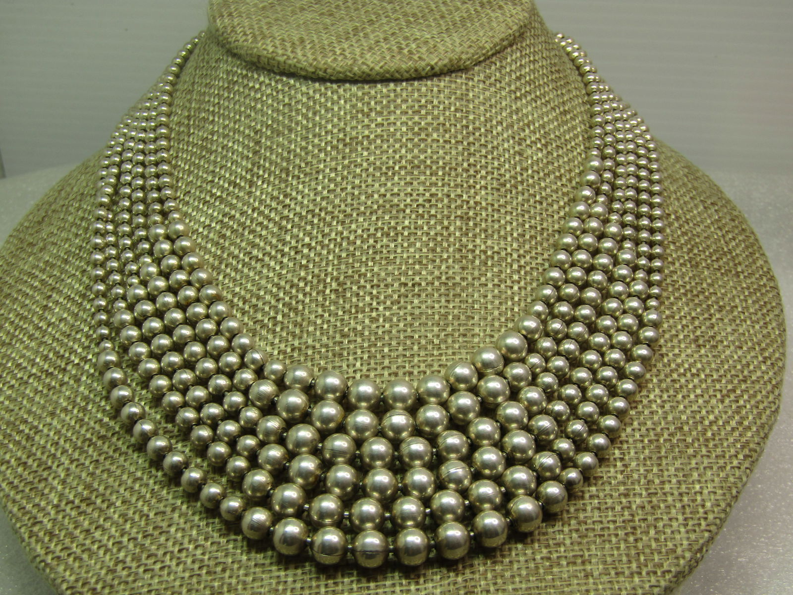 Vintage Sterling Silver Six Strand Necklace, Graduated Beads 17", 1980's-1990's, Toggle Clasp (1 of 9)