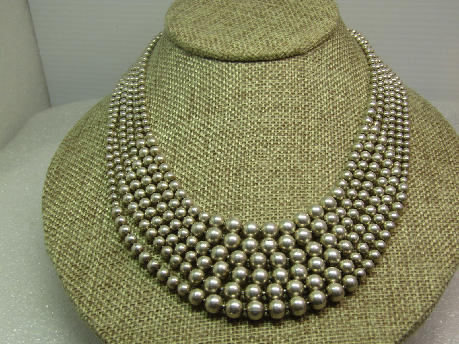 Vintage Sterling Silver Six Strand Necklace, Graduated Beads 17", 1980's-1990's, Toggle Clasp - 6