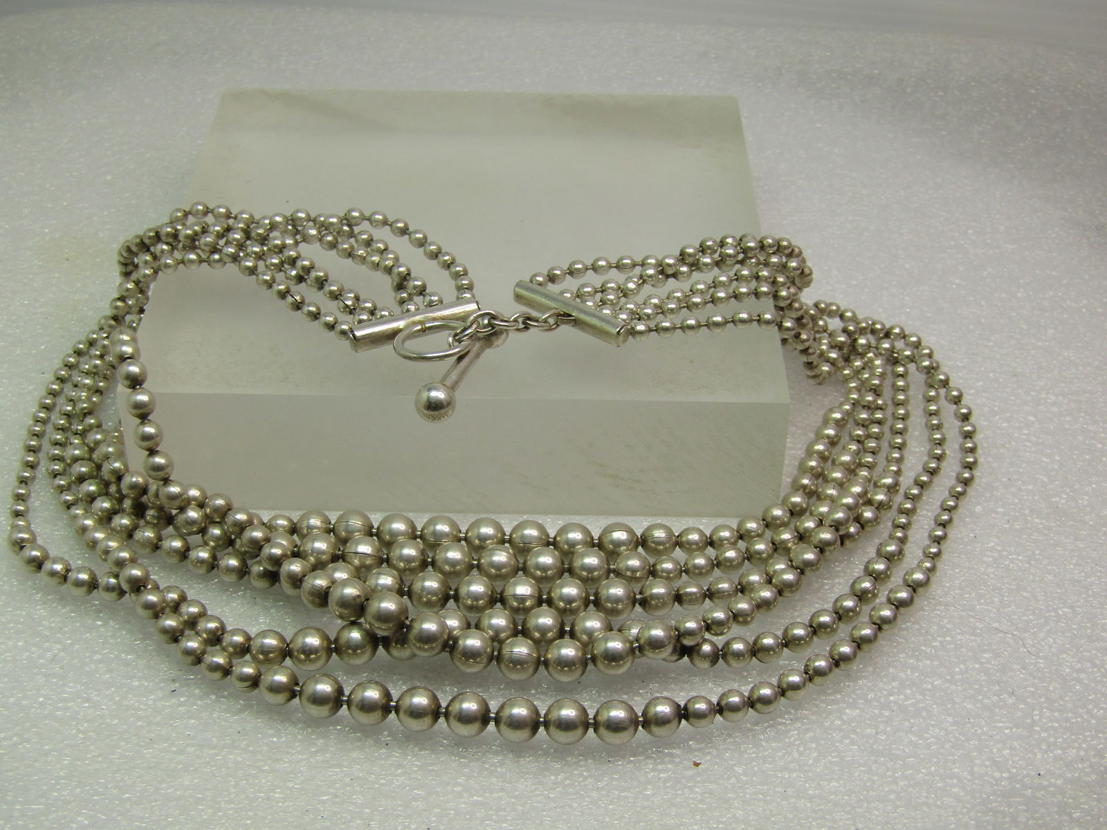 Vintage Sterling Silver Six Strand Necklace, Graduated Beads 17", 1980's-1990's, Toggle Clasp - 7