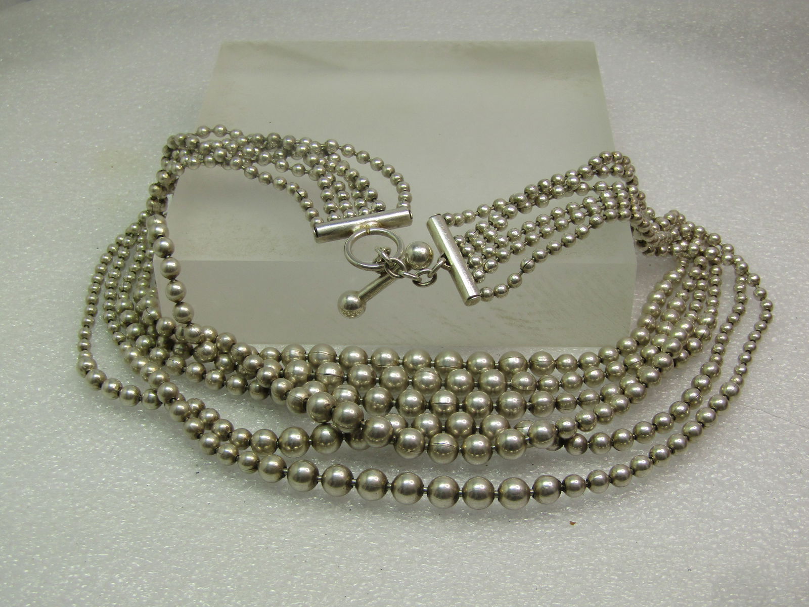 Vintage Sterling Silver Six Strand Necklace, Graduated Beads 17", 1980's-1990's, Toggle Clasp - 8