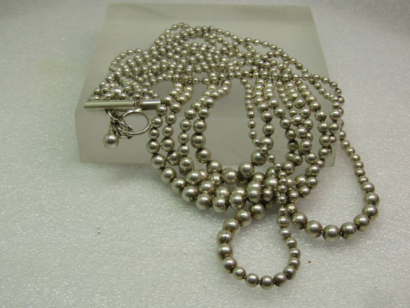 Vintage Sterling Silver Six Strand Necklace, Graduated Beads 17", 1980's-1990's, Toggle Clasp - 9