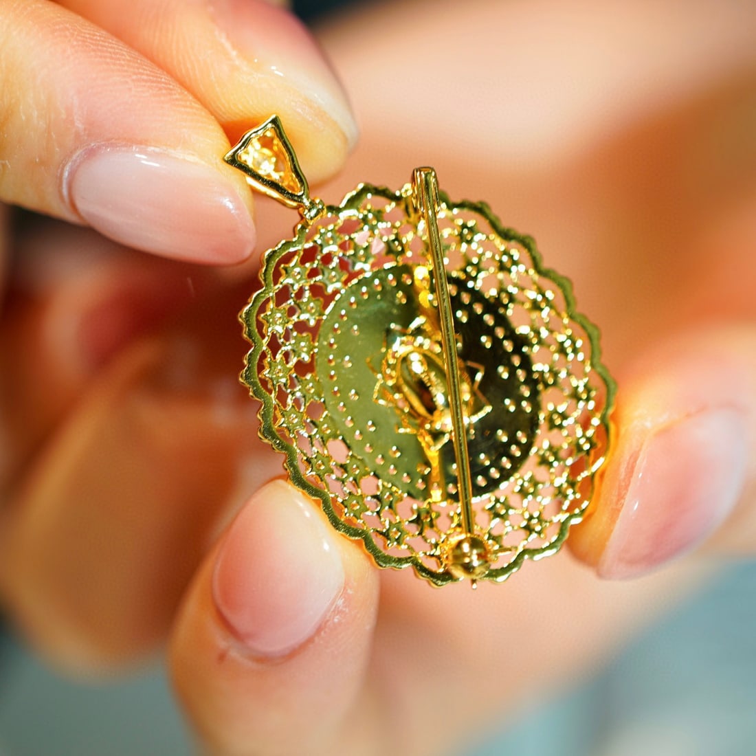 14K GOLD 0.3 CT VIVID GREEN NATURAL EMERALD & DIAMOND BROOCH/PENDANT - 6