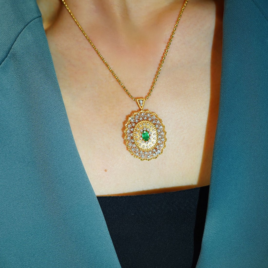 14K GOLD 0.3 CT VIVID GREEN NATURAL EMERALD & DIAMOND BROOCH/PENDANT - 7