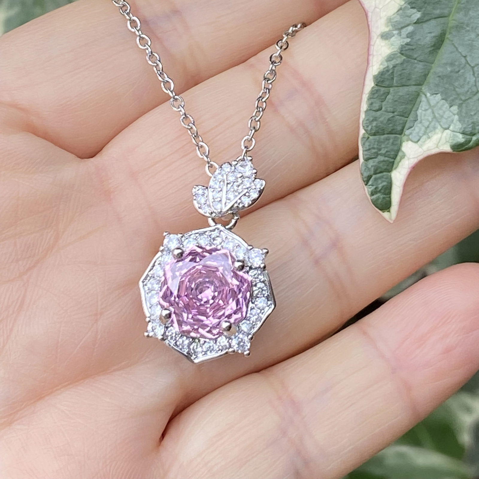 18K White Gold Plated Radiant-Cut Pink Sapphire and Moissanite Halo Pendant Necklace - 10