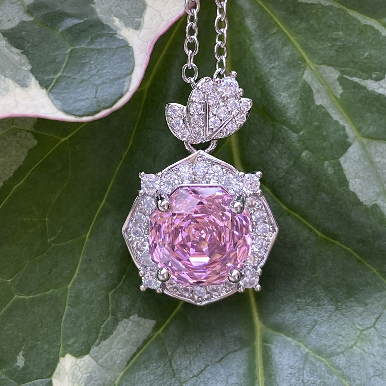 18K White Gold Plated Radiant-Cut Pink Sapphire and Moissanite Halo Pendant Necklace - 4